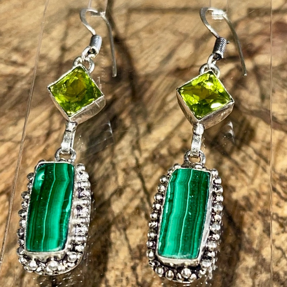 Green Malachite Crystal Earrings 2 1/4”